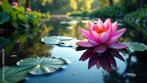 Intricate floral design reflected on calm lake surface, water lilies, water, design