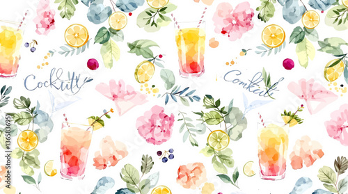 Vibrant watercolor illustration of various tropical cocktails with umbrellas and fresh fruit	