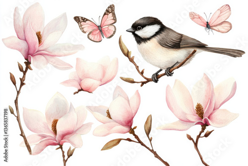 Fototapeta Naklejka Na Ścianę i Meble -  beautiful watercolor illustration featuring chickadee perched on branch surrounded by delicate pink magnolia flowers and butterflies. scene evokes sense of tranquility and nature beauty