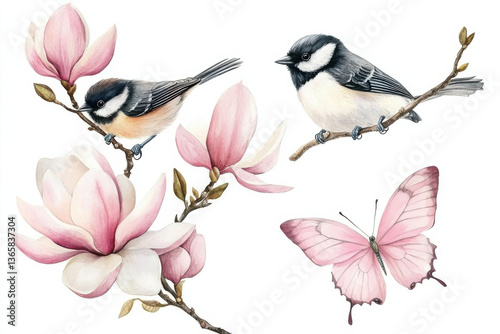 Fototapeta Naklejka Na Ścianę i Meble -  Delicate watercolor illustrations featuring two small birds perched branches adorned with blooming magnolia flowers, accompanied by soft pink butterfly, evoke serene and harmonious nature scene