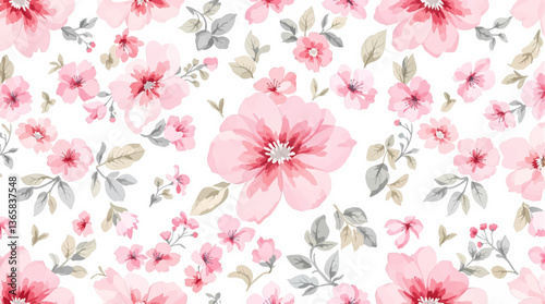 Watercolor floral seamless pattern with hand-painted blush pink flowers and green leaves on white background. Botanical print.