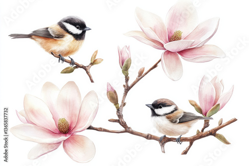 Beautiful watercolor illustration featuring two small birds perched on branch with delicate magnolia flowers. scene evokes sense of tranquility and nature beauty