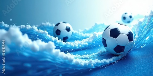Abstract blue & white waves, dynamic soccer balls in motion , flow, motion, design