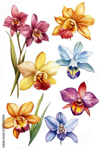 Beautiful watercolor illustrations of various orchids showcase vibrant colors and intricate details. These floral designs evoke sense of elegance and natural beauty, perfect for decoration