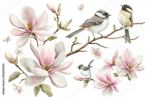 Beautiful watercolor illustration featuring delicate pink and white magnolia flowers alongside various birds perched on branches. serene composition evokes sense of tranquility and nature beauty