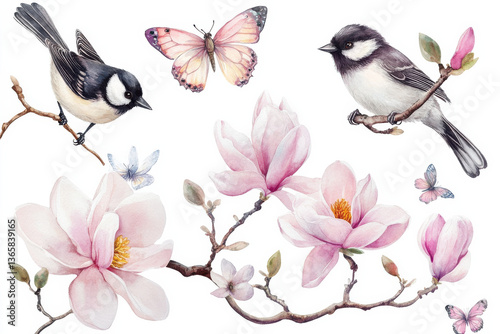 beautiful watercolor illustration featuring two birds perched on magnolia branches, surrounded by delicate pink flowers and butterflies, evoking serene and vibrant atmosphere