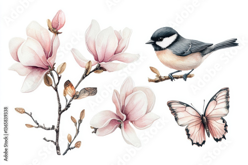 Beautiful watercolor illustrations featuring delicate magnolia flowers, small bird, and butterfly create serene and harmonious scene. soft colors evoke sense of tranquility and nature beauty