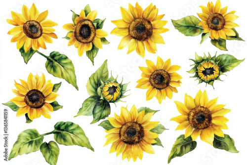 Fototapeta Naklejka Na Ścianę i Meble -  Bright and vibrant watercolor sunflowers with lush green leaves create cheerful and uplifting composition. These beautiful flowers symbolize happiness and warmth, perfect for various designs