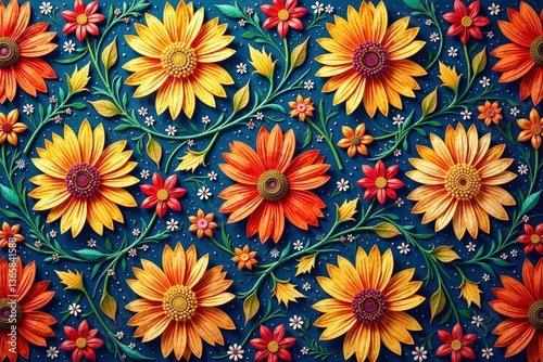 Intricate floral textile design, repeating motif, artwork, repeat, art