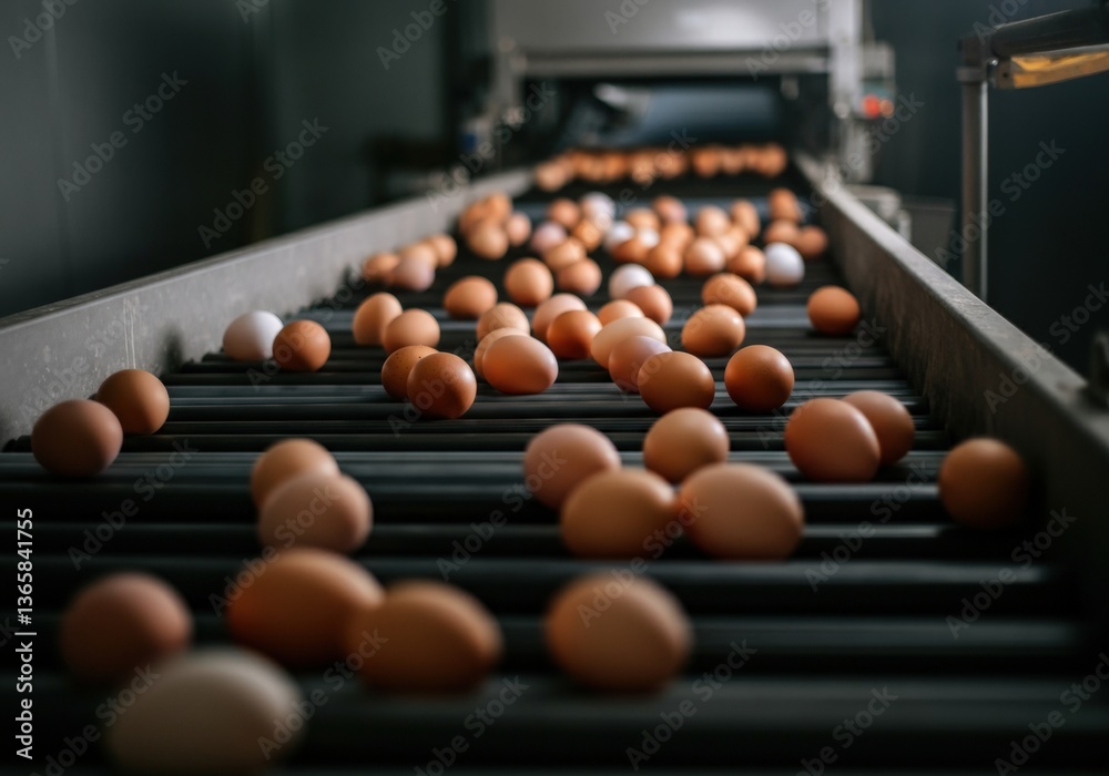 Fresh eggs moving along a conveyor belt in a poultry processing facility Fresh eggs moving along a conveyor belt in a poultry processing facility