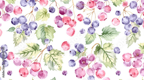 Elegant watercolor pattern featuring vibrant raspberries and delicate leaves on a clean white background.	