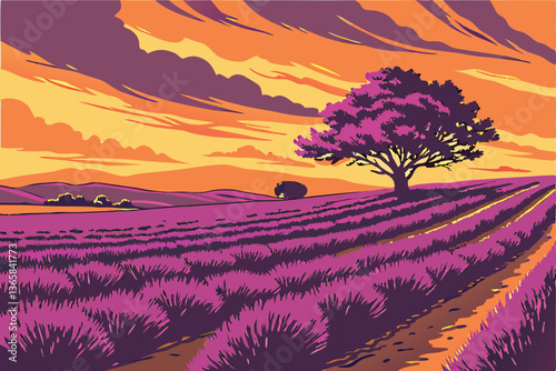 51 Vibrant lavender field at sunset, rows of purple flowers stretching to horizon, dramatic colorful sky, golden hour light, vivid purple and orange hues, expansive rural landscape, ethereal atmospher