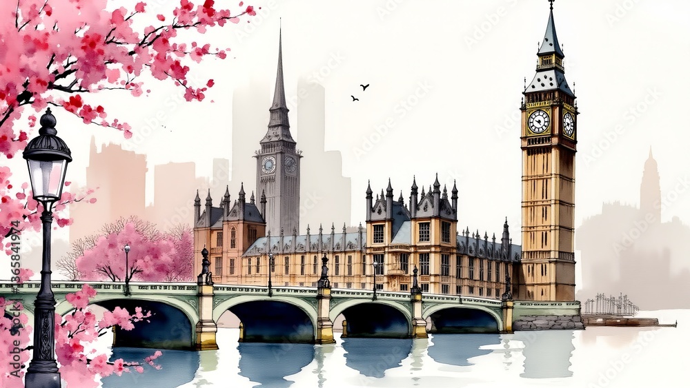 Fototapeta premium Big Ben and Westminster in springtime, London cityscape illustration, cultural landmarks, British tourism, Easter cherry blossoms