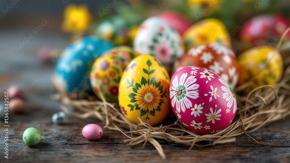 Fototapeta premium Hand-painted easter eggs featuring intricate floral designs resting in a straw nest on a weathered wooden table, surrounded by colorful candy eggs and blurred spring flowers