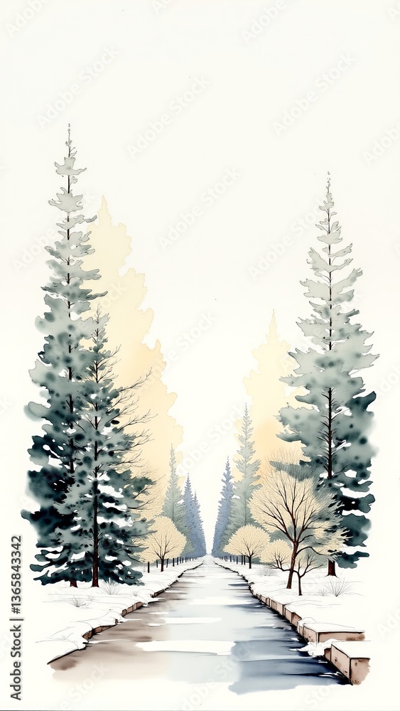Obraz premium Winter forest road with snow-covered pine trees creating a serene landscape, perfect for Christmas and New Year's themes