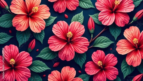 Intricate hibiscus blooms, vibrant colors, repeating pattern, graphic, elegance, tropical flower pattern