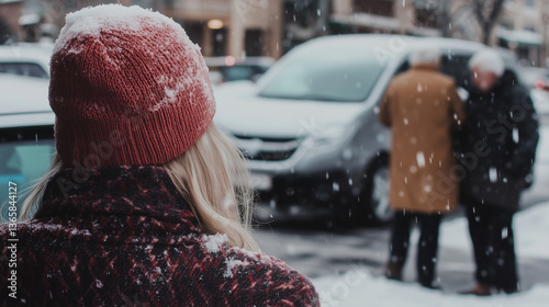 Snowy Parking Lot Scene – Woman Observing Elderly Couple photo