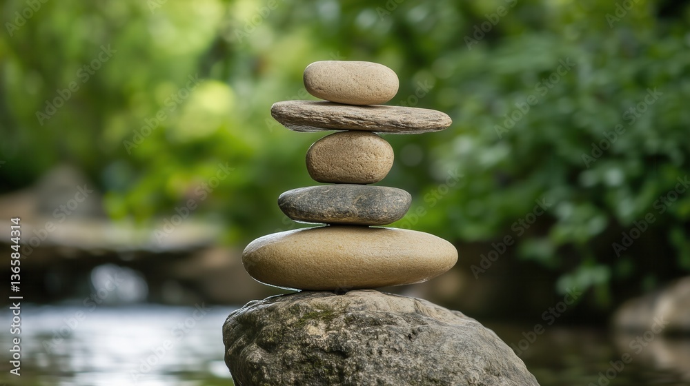 Balanced Tranquility: A Serene Stack of Smooth Pebbles on a Natural Stone Overlooking a Peaceful Stream in Lush Greenery Capturing Calmness and Harmony in Nature Balanced Tranquility: A Serene Stack of Smooth Pebbles on a Natural Stone Overlooking a Peaceful Stream in Lush Greenery Capturing Calmness and Harmony in Nature