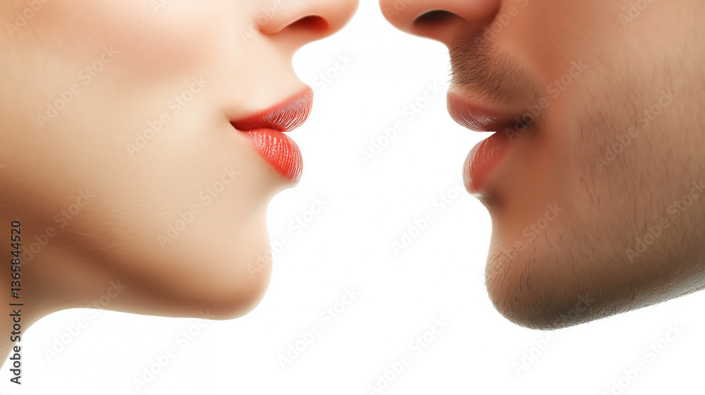 Obraz premium Romantic intimacy between man and woman captured in a close-up moment of almost kissing for use in relationship blogs, dating websites, love-themed advertisements, and emotional storytelling content