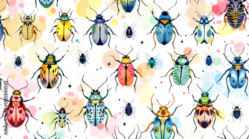 Watercolor pattern bugs white background