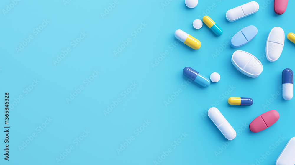 Scattered colorful pills on bright blue background with copy space for pharmaceutical ads, healthcare websites, and medical product packaging designs