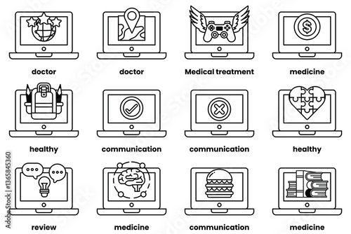 Set of illustrations in the concept of laptops and things in line art style