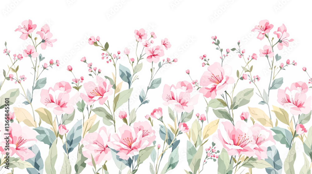 Watercolor floral seamless pattern with hand-painted blush pink flowers and green leaves on white background. Botanical print.