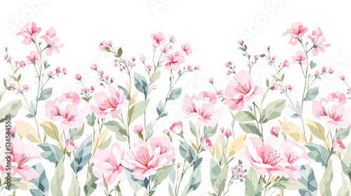 Watercolor floral seamless pattern with hand-painted blush pink flowers and green leaves on white background. Botanical print.
