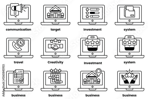 Set of illustrations in the concept of laptops and things in line art style