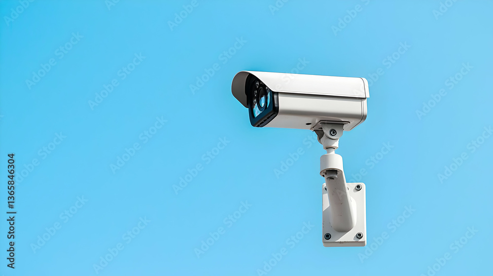 White Security Camera Mounted On A Wall Against A Bright Blue Sky White Security Camera Mounted On A Wall Against A Bright Blue Sky