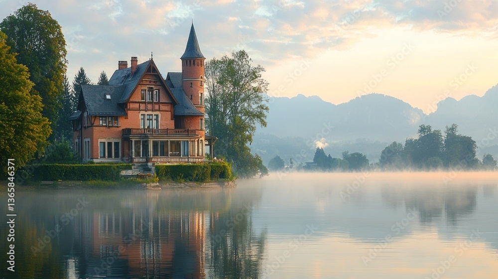 Fototapeta premium Misty lake sunrise manor reflection