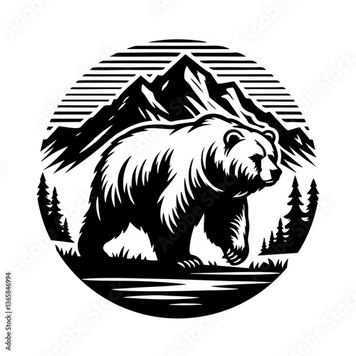 Photos Bear illustration walking in front of mountain, black and white logo design