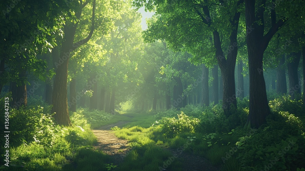 Sunlit forest path. Lush green trees line a pathway, bathed in morning light Sunlit forest path. Lush green trees line a pathway, bathed in morning light