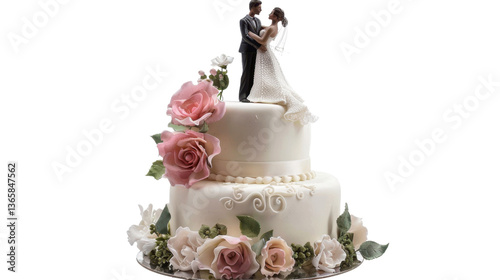 Delicious two tiered wedding cake with couple figurine and floral decorations on transparent background