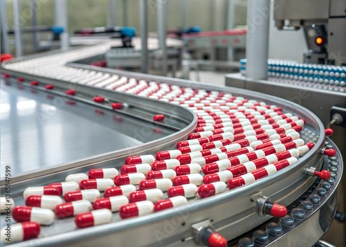 Pharmaceutical Capsules Moving on Automated Conveyor Belt