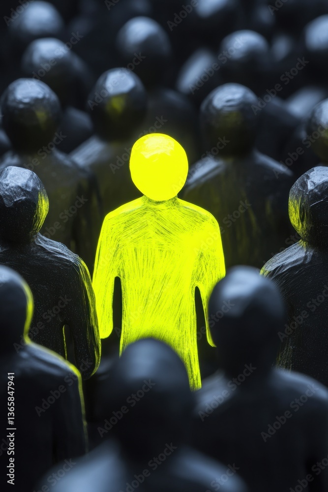 Fototapeta premium Bright yellow figure stands out among dark silhouettes in a dark setting, symbolizing individuality and uniqueness in a crowded environment