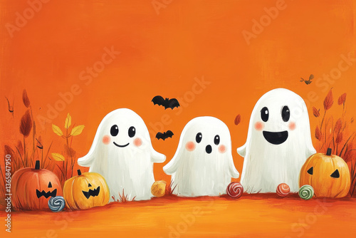 Three ghosts holding pumpkins and candy. photo