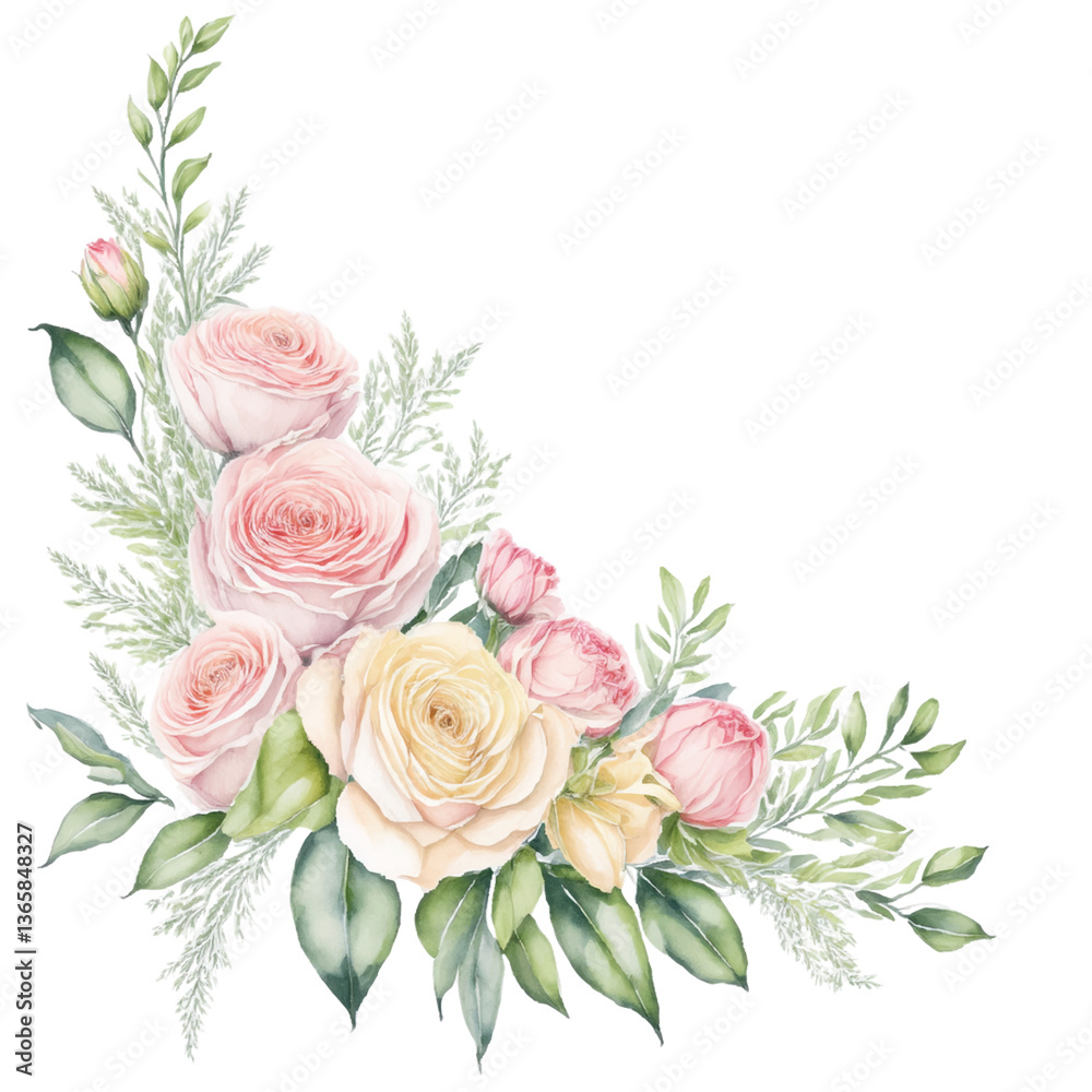 Fototapeta premium Elegant pink rose bouquet with lush green leaves, perfect for wedding invitations and cards. Beautiful watercolor floral bouquet with roses in soft pastel shades, perfect for love themes.