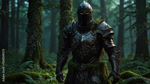 Medieval knight in the forest. Fantasy scene. 3D rendering front view.
