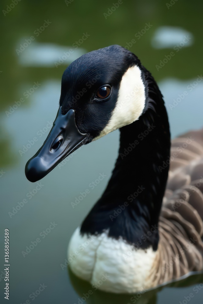 Close-up of Canada goose head, black feathers, sharp beak, intense eye Pond water background , beak, animal Close-up of Canada goose head, black feathers, sharp beak, intense eye Pond water background , beak, animal