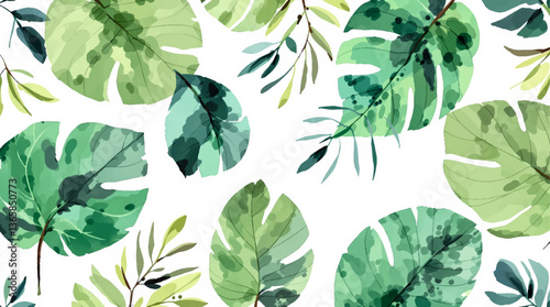Watercolor pattern green leaves white background 
