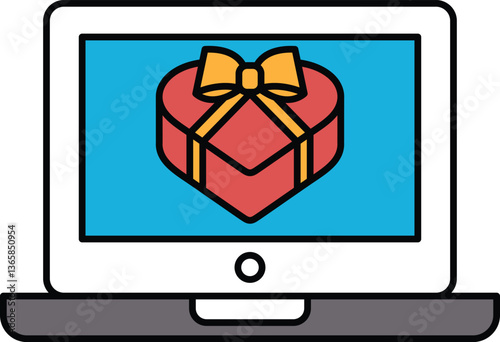 A laptop screen shows a red heart with a red bow on it