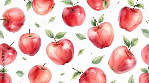 Watercolor pattern red apple white background vector	