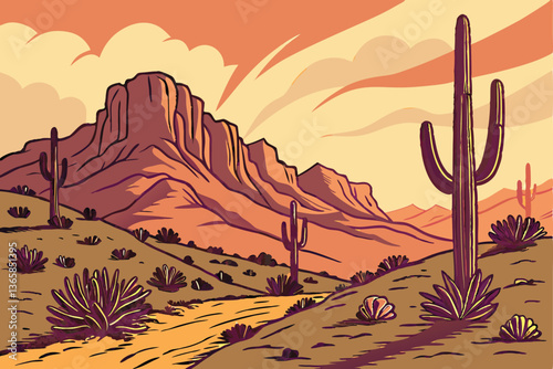 53 Desert landscape, Saguaro cacti, Sonoran desert, Sunset sky, Golden hour, Rugged mountains, Arid vegetation, Prickly pear cactus, Dry sandy soil, Dramatic lighting, Vibrant colors, Wide-angle view,