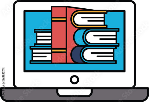 A laptop screen shows a stack of books