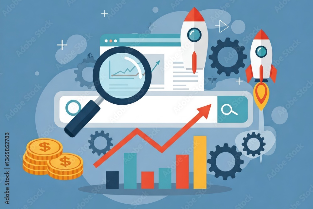 A digital search interface with a magnifying glass, charts, and a rocket, symbolizing data analysis, growth, and digital marketing.
A digital search interface with a magnifying glass, charts, and a rocket, symbolizing data analysis, growth, and digital marketing.