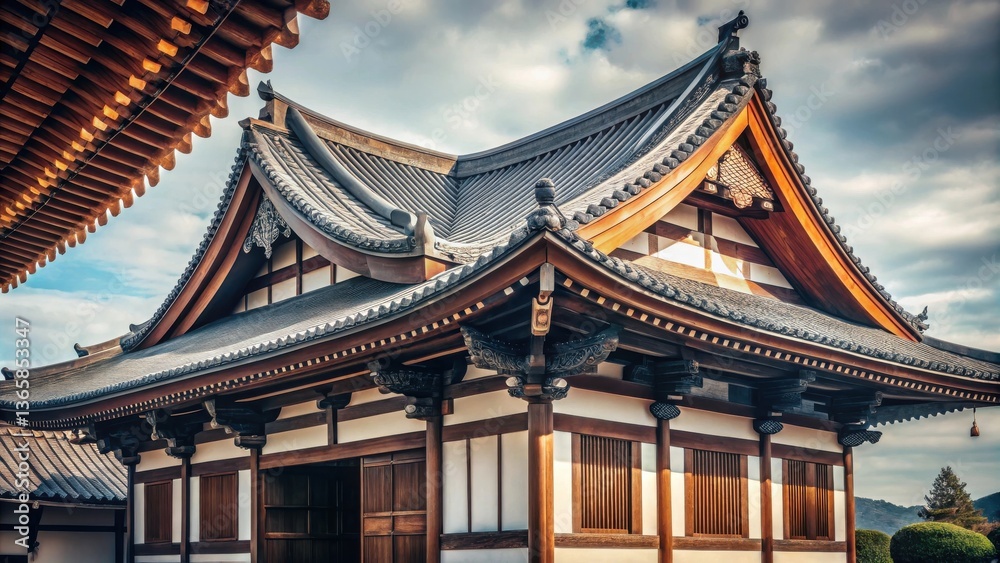 Intricate Wooden Architecture of a Traditional Building with a Gently Sloping Roof and Decorative Brackets Intricate Wooden Architecture of a Traditional Building with a Gently Sloping Roof and Decorative Brackets