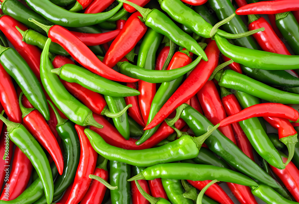 A colorful arrangement of fresh green and red chili peppers. A colorful arrangement of fresh green and red chili peppers.