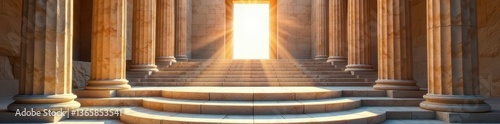 Grand marble staircase ascends to ancient Greek temple entrance , sunlight, heritage