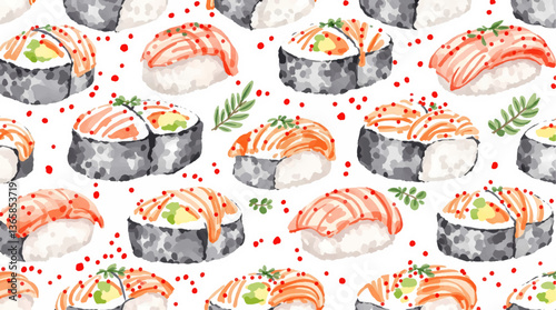 A seamless watercolor pattern featuring Sushi designs on a white background.